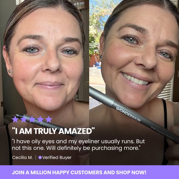 The image ad showcases a before and after of a woman with WONDERSKIN eyeliner, alongside a testimonial quote about how t