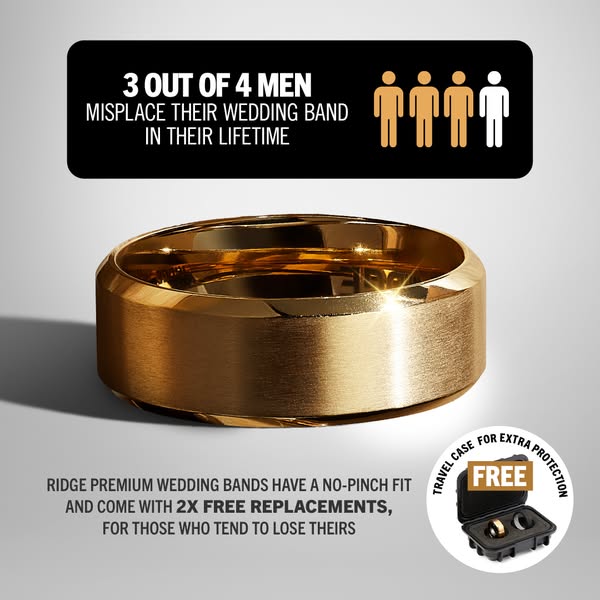 This ad highlights the common problem of men misplacing their wedding bands and offers a solution with Ridge premium wed