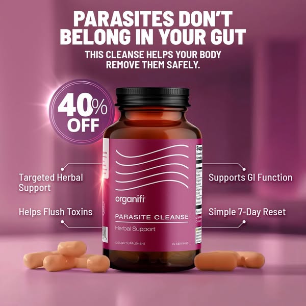 This ad promotes Organifi's Parasite Cleanse, highlighting its ability to safely remove parasites from the gut. It e
