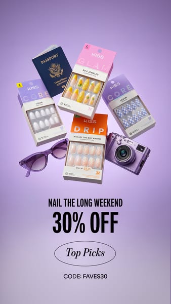 This ad for KISS brand nails is advertising a discount of 30% off their top picks and features different kinds of artifi