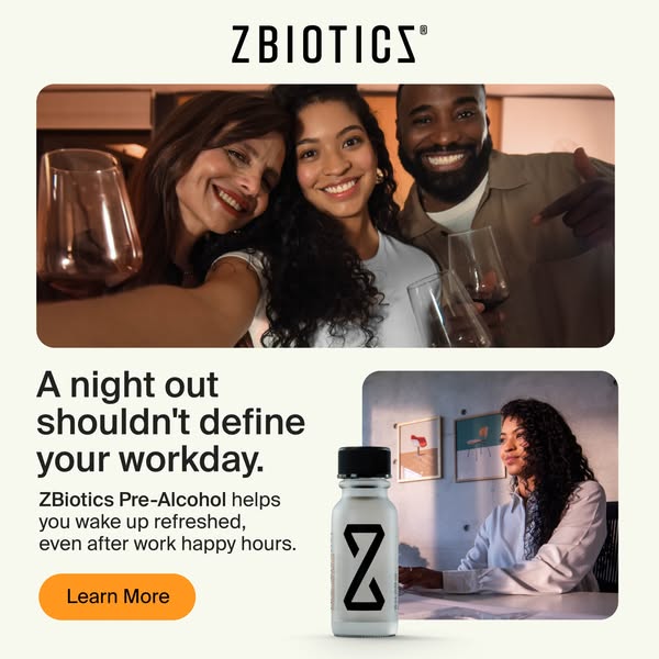 This image ad for ZBiotics features a group of friends enjoying a night out, contrasting it with an image of a woman wor