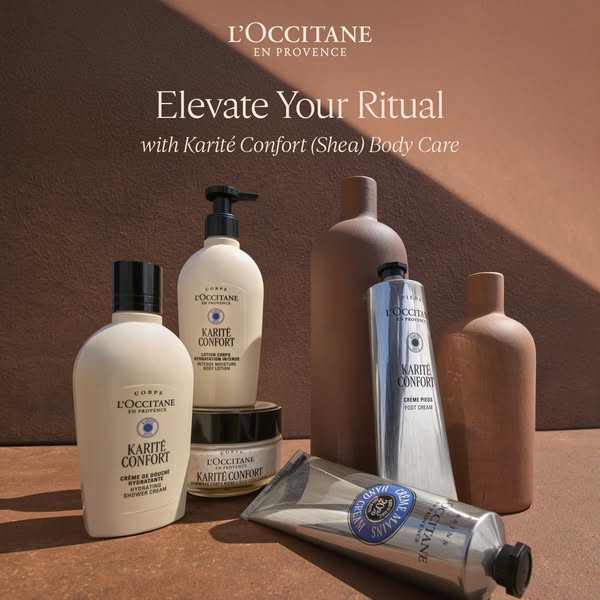 This image ad from L'Occitane features a variety of shea butter body care products. With the headline "Elevate 