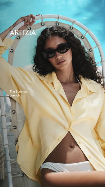 An image ad for Aritzia's summer launch featuring a model in a yellow top and white bikini. The ad creates a summer