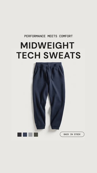 This image ad showcases a pair of navy blue 'Midweight Tech Sweats'. The ad highlights the tagline 'Performa