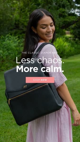 This ad features a woman wearing a diaper bag over her shoulder in a natural outdoor setting. The ad copy focuses on the