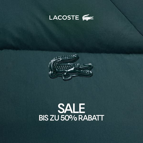 The ad for Lacoste features the brand's logo and an image of a jacket. It announces a sale offering up to 50% off.