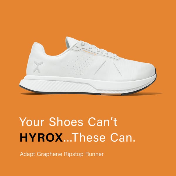 This ad features an image of a white sneaker against an orange background. The text highlights the shoe's ability to