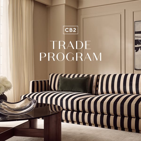 This ad promotes CB2's trade program, targeting interior design professionals with a focus on modern and stylish fur