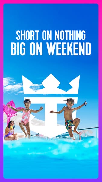 This image ad for Royal Caribbean promotes weekend cruises. It features a vibrant scene with children playing in a pool 