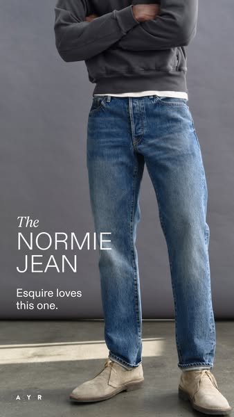 This ad features a photo of a man wearing AYR jeans, along with a quote from Esquire magazine that recommends them.