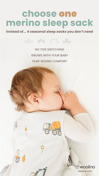This ad for Woolino sleep sacks presents the brand as a solution to the problem of needing multiple sleep sacks for babi