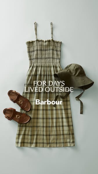 This image ad displays a flatlay of a Barbour-branded dress, hat, and sandals.
