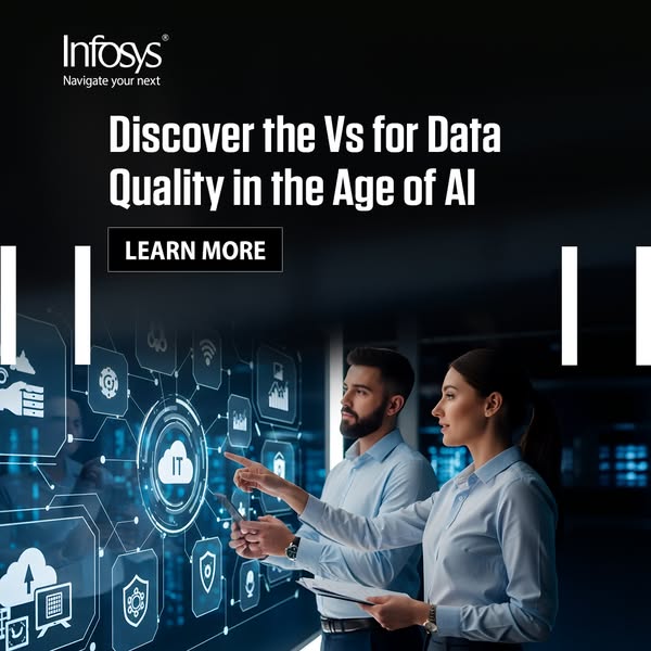 This ad for Infosys promotes their data quality services in the age of AI. The ad features a man and woman pointing at a