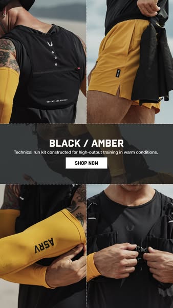 The ad showcases running attire in black and amber colors for training in warm conditions. It features product details a