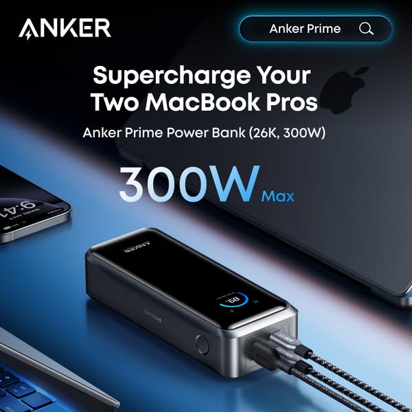 This ad for the Anker Prime Power Bank highlights its ability to charge two MacBook Pros simultaneously, emphasizing its