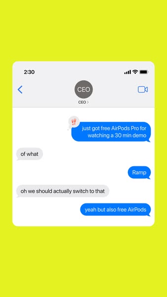 This ad simulates an iMessage conversation about Ramp offering free AirPods Pro to people who watch a 30 minute demo.