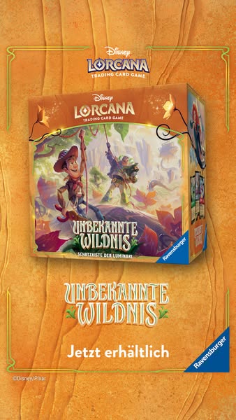 This ad showcases the Disney Lorcana Trading Card Game's Unbekannte Wildnis set. The image features the product pack