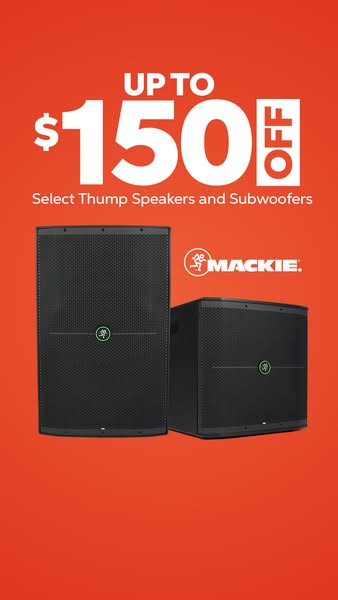 Ad promoting a discount offer on select Thump speakers and subwoofers from Mackie. Two speakers are shown against a soli