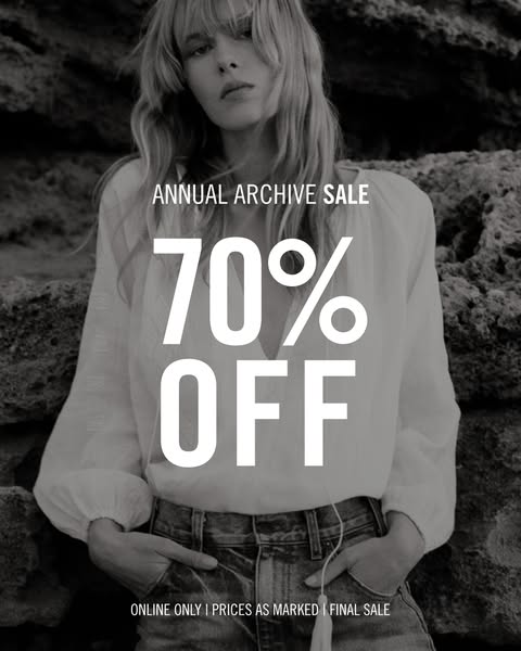 This ad features a woman wearing a white top and denim shorts with a focus on promoting an archive sale offering 70% off