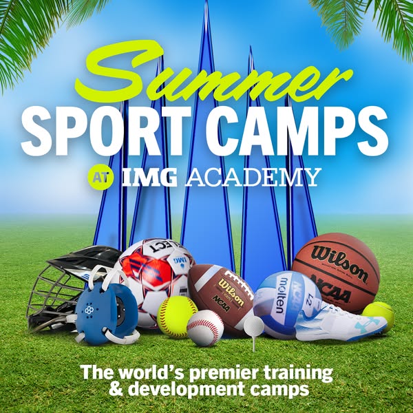 The ad promotes IMG Academy's summer sports camps with an image showcasing various sports equipment against a backdr