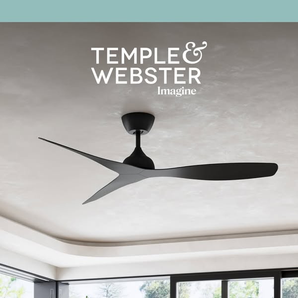 This ad showcases a modern black ceiling fan from Temple & Webster, emphasizing its design and integration into a co
