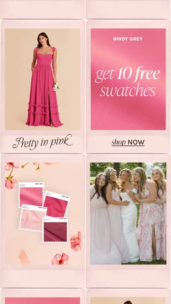 This ad uses a grid layout to showcase different aspects of Birdy Grey's bridesmaid dresses, including the dresses t