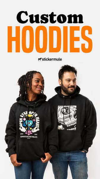 This ad features a man and woman wearing custom hoodies from Sticker Mule. The ad highlights the ability to create custo