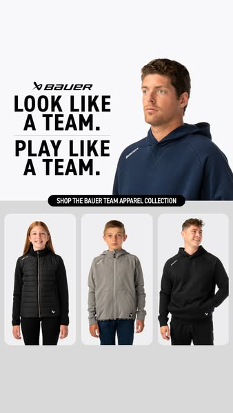 This is a collection ad for Bauer Team Apparel. The ad features a man wearing a Bauer hoodie, and it contains the copy &