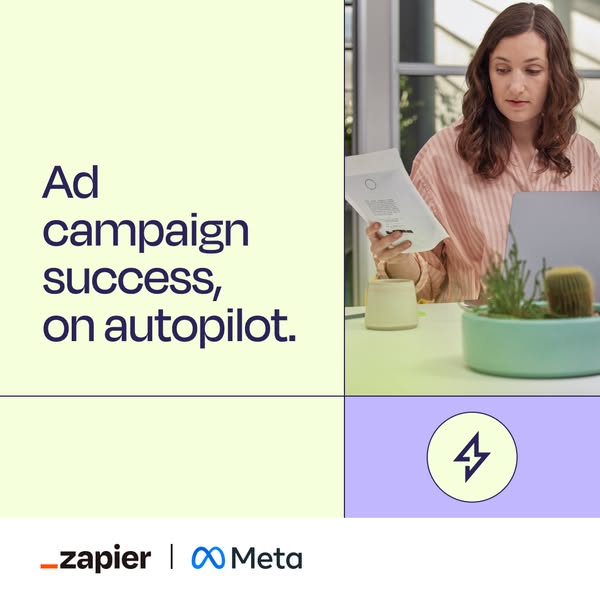 This ad promotes the partnership between Zapier and Meta for ad campaign automation. It features a split-screen design w