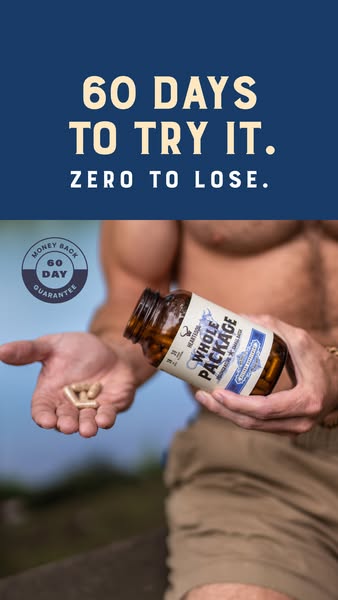 This image ad features a man holding a bottle of "Whole Package" dietary supplements with a background that ap