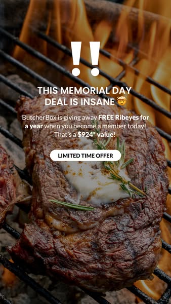 The image promotes ButcherBox, highlighting a Memorial Day deal that includes free ribeyes for a year with a new members