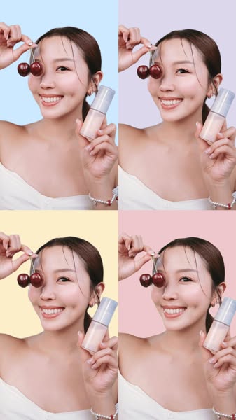 This ad features a woman holding a bottle of what appears to be a skin tint or foundation. The ad uses a four-quadrant l