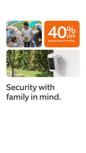 Ad promoting the Ring Outdoor Cam Plus camera with a 40% off discount and the core message of providing security with fa