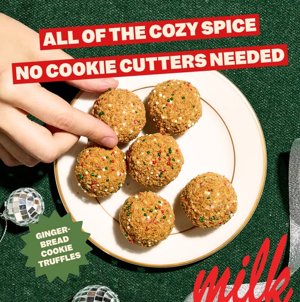 This ad features Milk Bar's Gingerbread Cookie Truffles. The image shows a hand reaching for one of the truffles on 