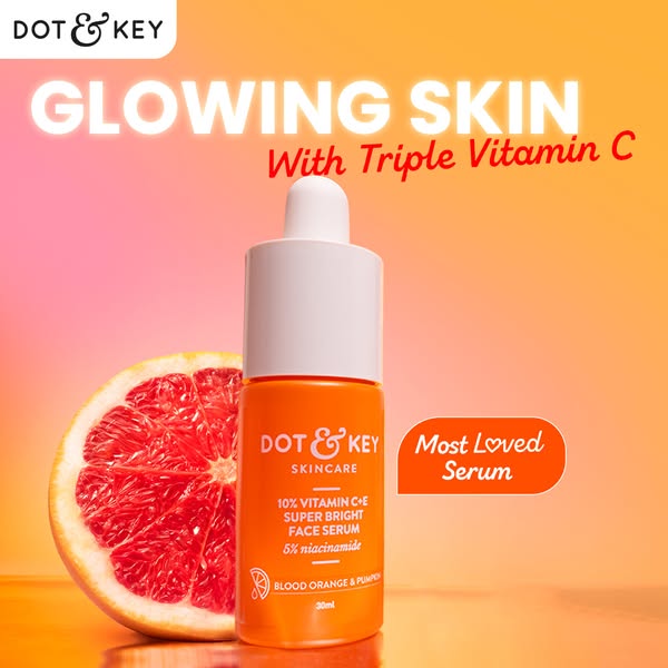 This ad for Dot & Key skincare highlights their Super Bright Face Serum with Triple Vitamin C. The product is presen