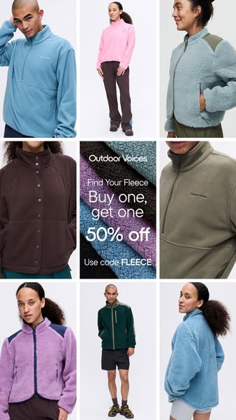 This ad for Outdoor Voices features a grid layout showcasing various fleece products. The central image highlights a buy