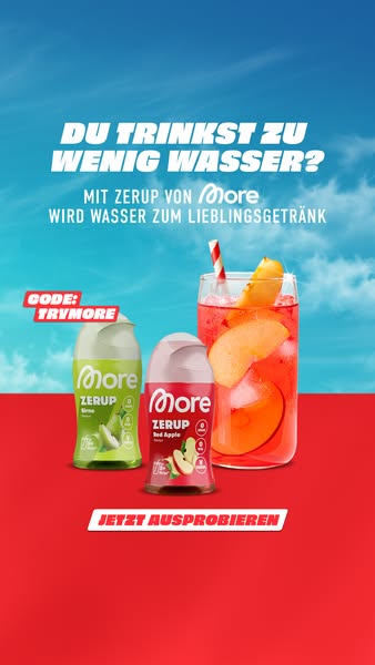 This ad is for More Zerup, a product that flavors water. The ad highlights the problem of not drinking enough water and 