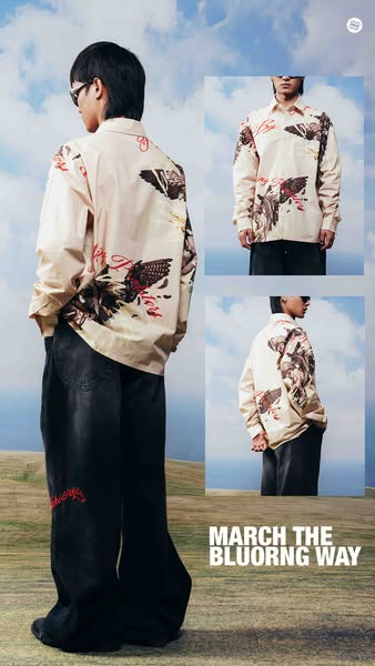 This image ad features an individual wearing a shirt with graphic art on it. There are three separate image blocks layer