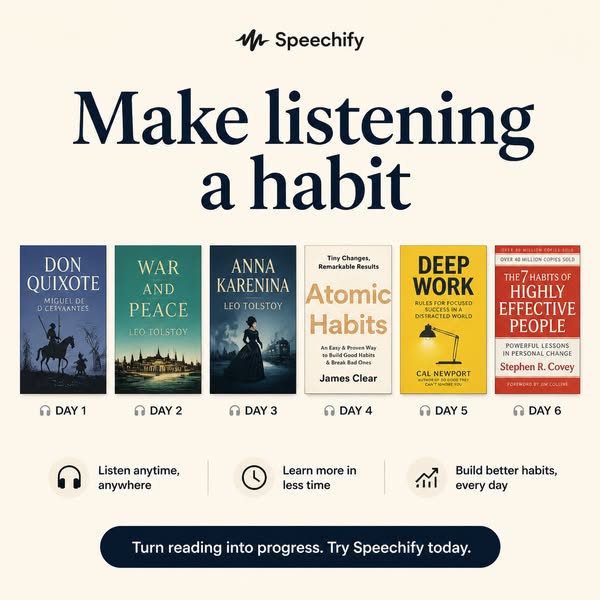 This ad promotes Speechify, an app that helps you to turn reading into progress by listening to books. The ad presents s