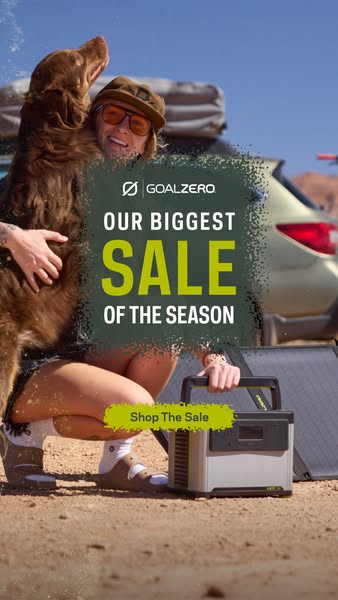 The ad features a person outdoors with a Goal Zero portable power station and solar panel, highlighting the brand's 