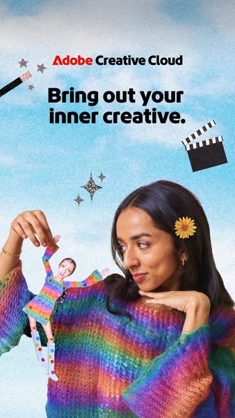 This ad for Adobe Creative Cloud features an illustration aesthetic, with a woman holding a paper doll.