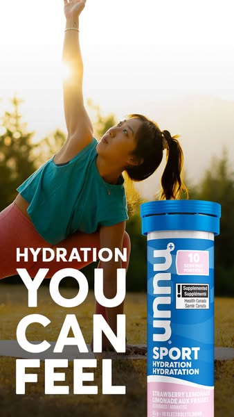 This ad features a woman doing yoga outside with a tube of Nuun Sport Hydration tablets in the foreground. The ad emphas