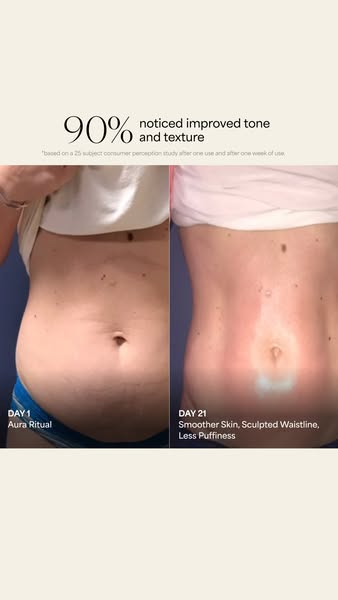 This image ad shows a before and after photo of a woman's midsection after using Aura Ritual products. The ad states