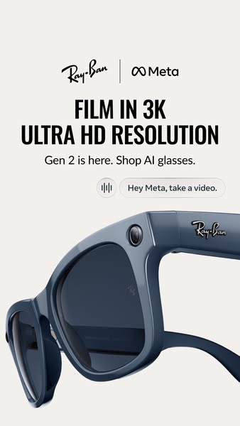This ad promotes Ray-Ban Meta smart glasses, highlighting their ability to film in 3K ultra HD resolution. It targets te