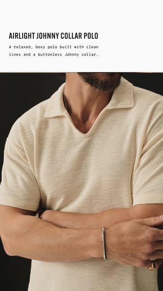 This image ad showcases a brand’s 'Airlight Johnny Collar Polo,' emphasizing its relaxed fit and clean, buttonle
