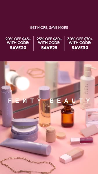 This ad for Fenty Beauty features a variety of products from the brand, displayed on a pink surface. The ad promotes a t
