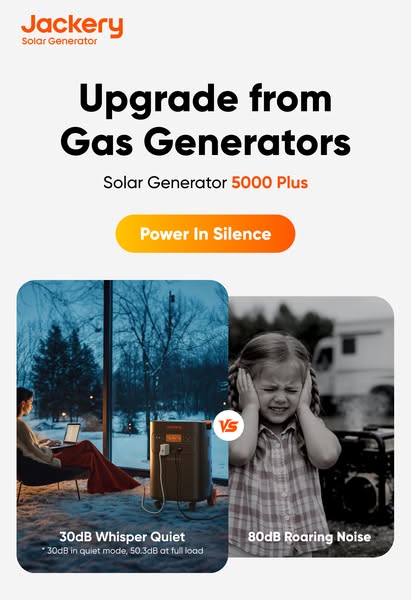 This ad for Jackery solar generators highlights the benefits of upgrading from gas generators to solar generators. The a