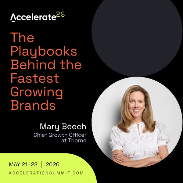 This ad promotes the Accelerate26 summit, highlighting Mary Beech, Chief Growth Officer at Thorne, as a speaker. The ad 