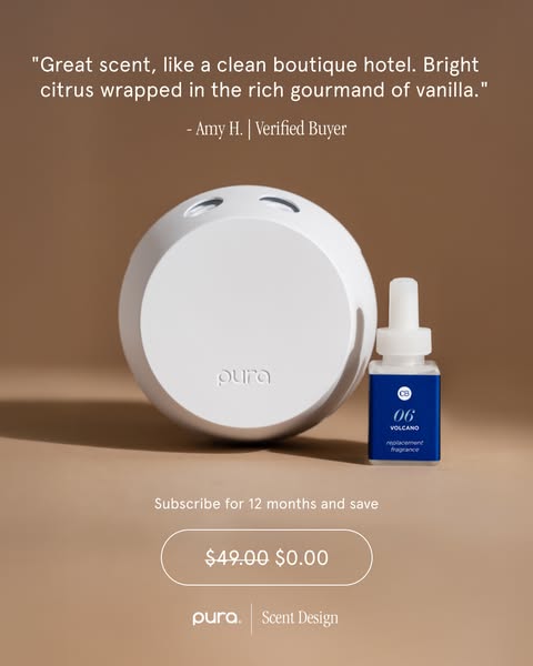 This ad features a testimonial from a verified buyer about the Pura diffuser and Volcano fragrance. It highlights the sc