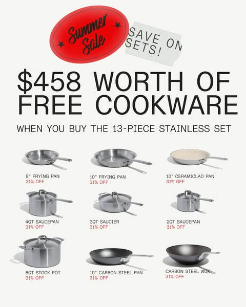 This ad promotes a cookware set with a large discount offer. It features an image of a variety of pots and pans availabl